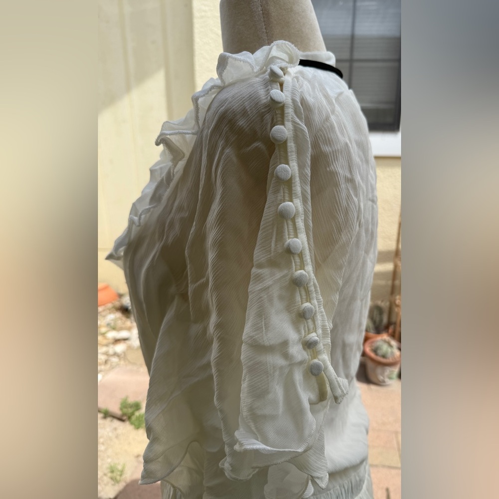 Zara Studio S/S 2023 SS23 White Ruffle Mini Dress Button Ribbon Blouson Chiffon - Picture 5 of 7